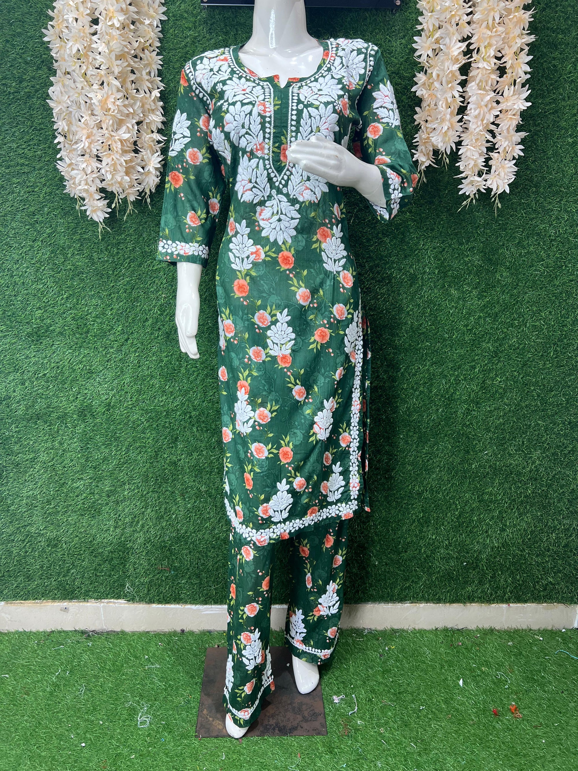 Lucknowi Chikankari Mul Print Suit Set with Intricate Handwork