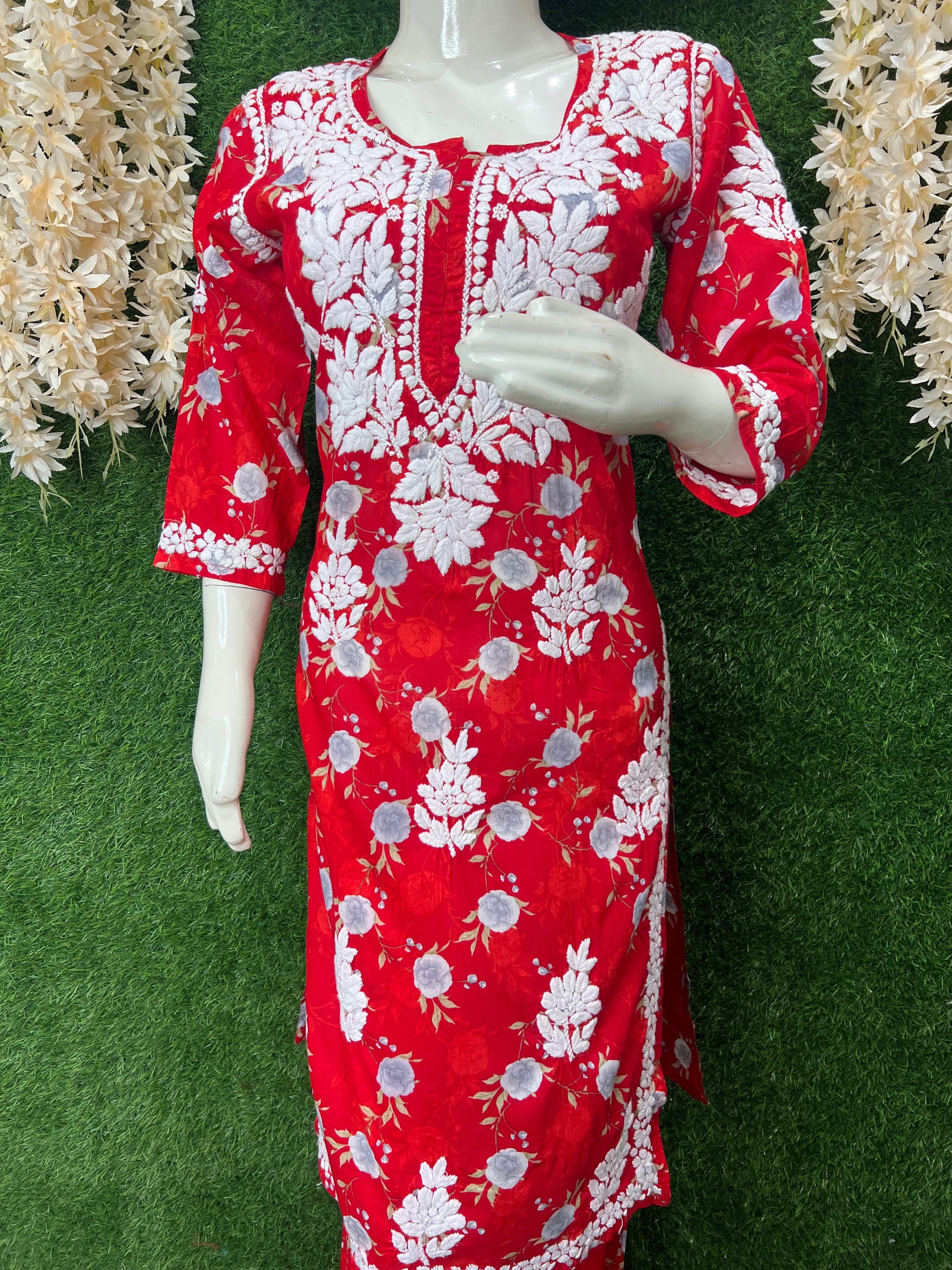 Lucknowi Chikankari Mul Print Suit Set with Intricate Handwork