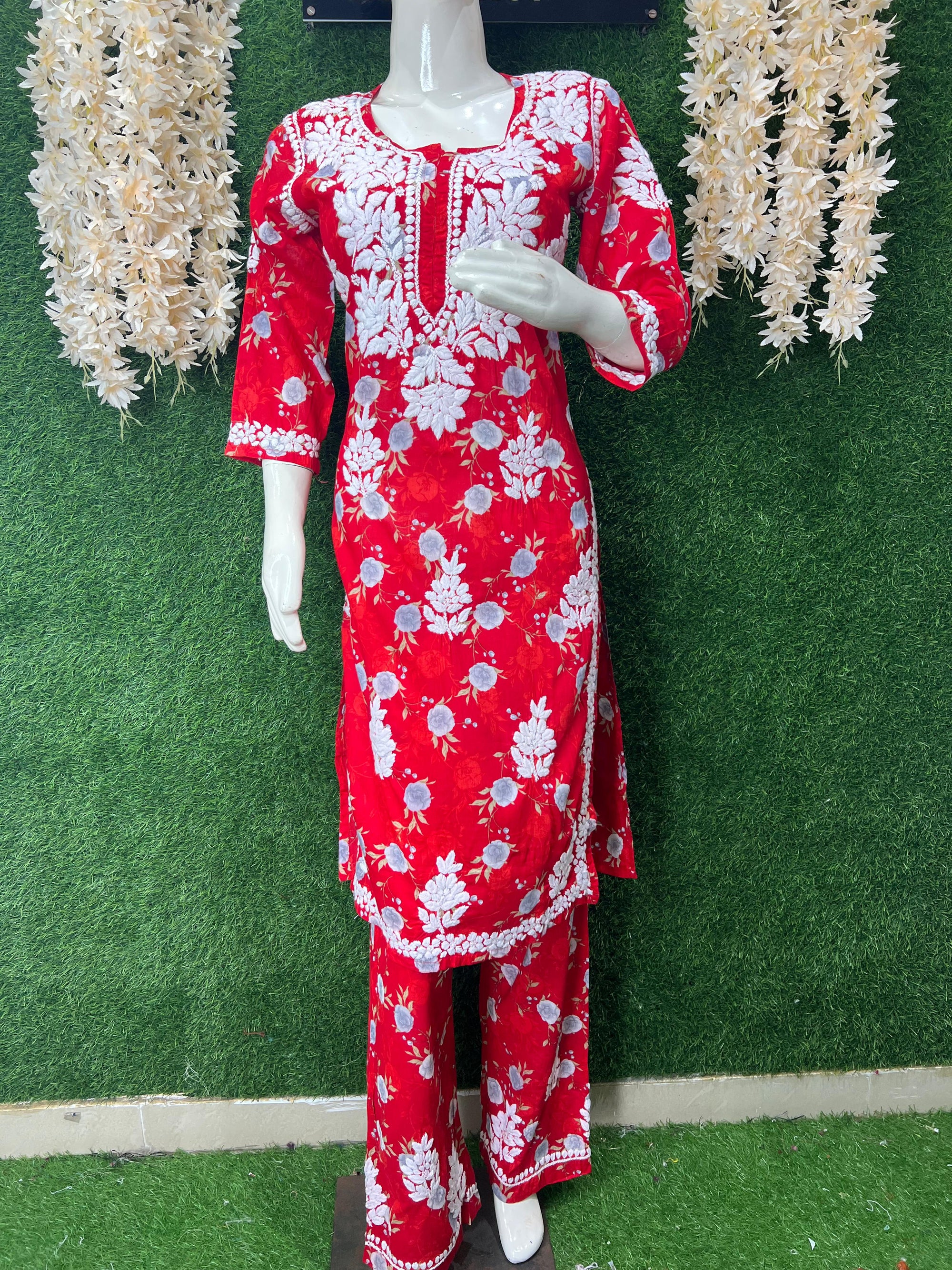 Lucknowi Chikankari Mul Print Suit Set with Intricate Handwork