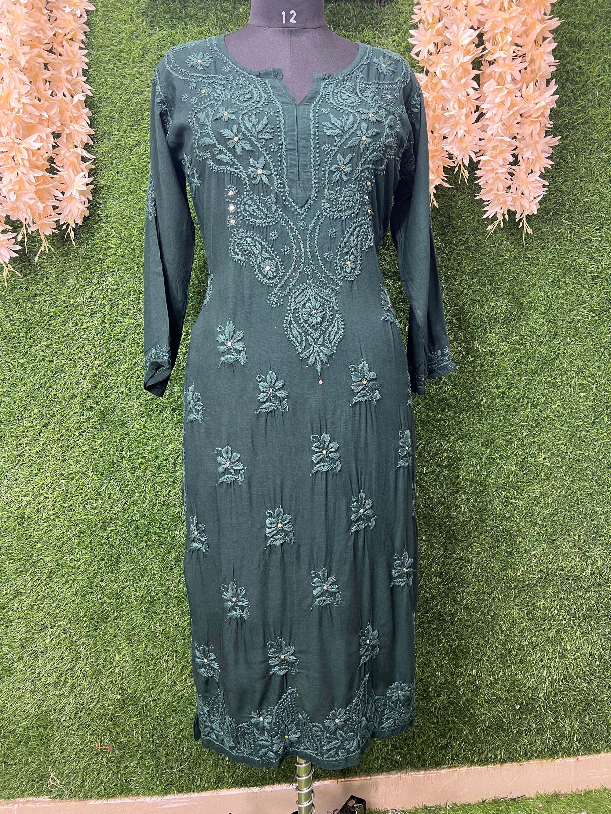 Lucknowi Chikankari Slub Reyon Kurti with Mukesh Work