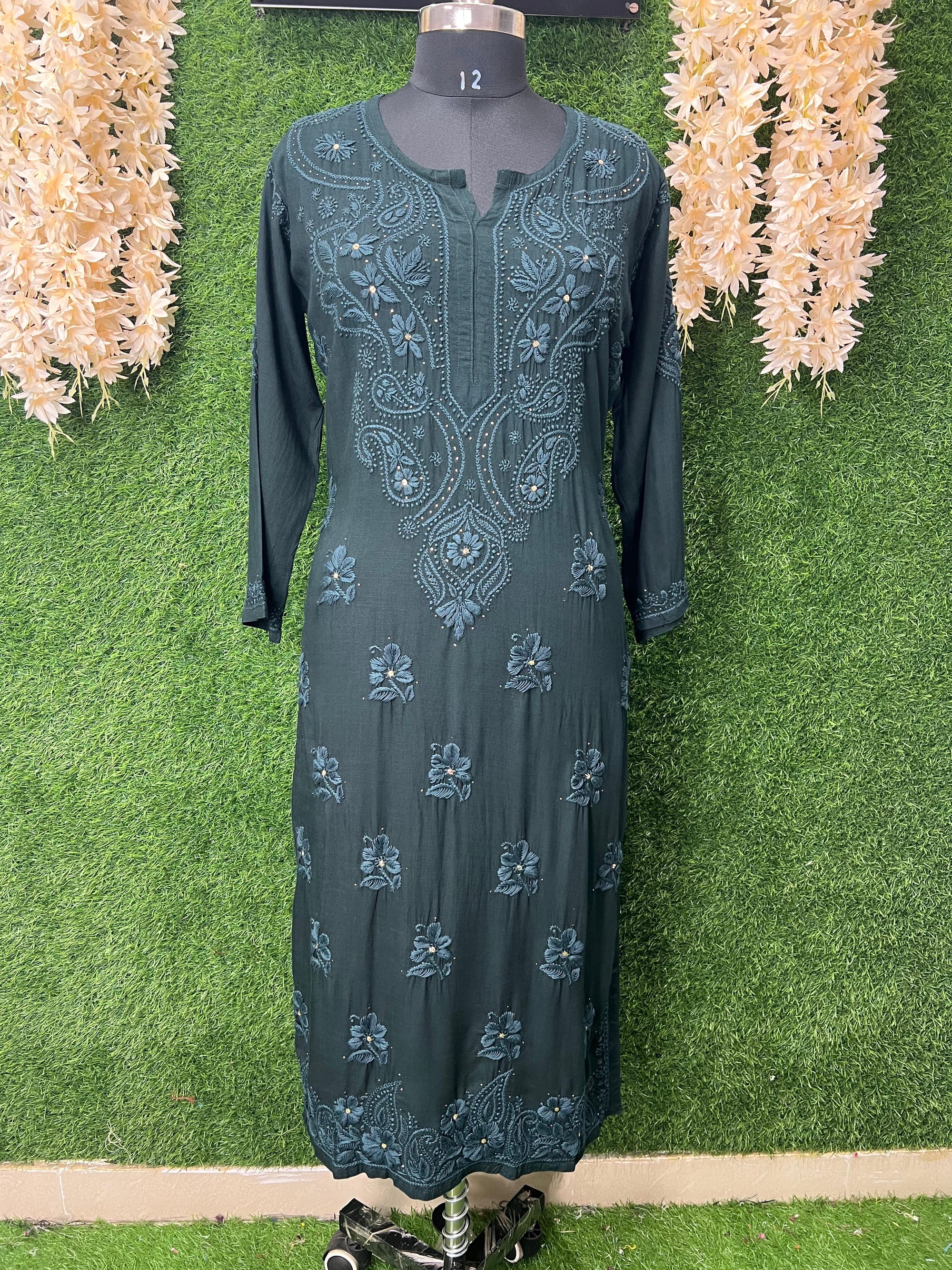 Lucknowi Chikankari Slub Reyon Kurti with Mukesh Work