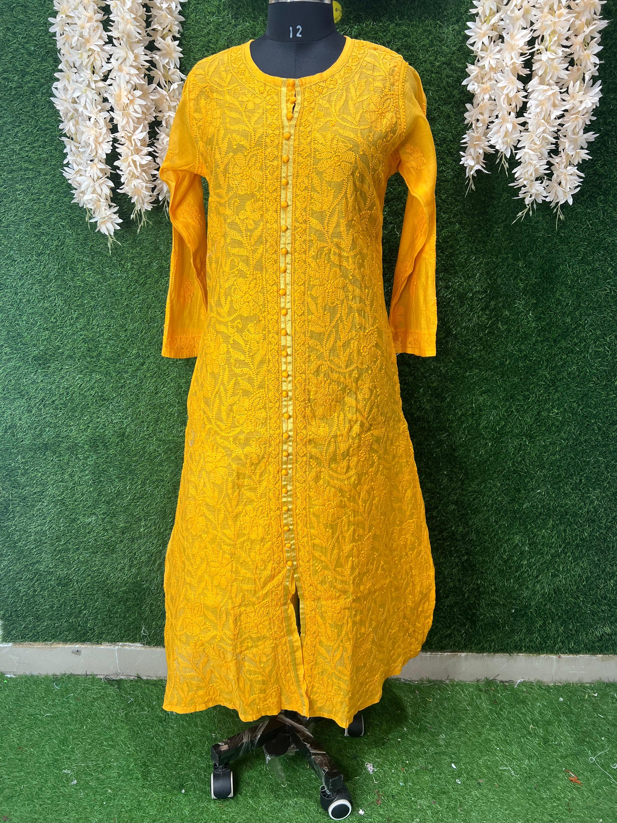Lucknowi Chikankari Chanderi Long Kurti with Full Embroidery