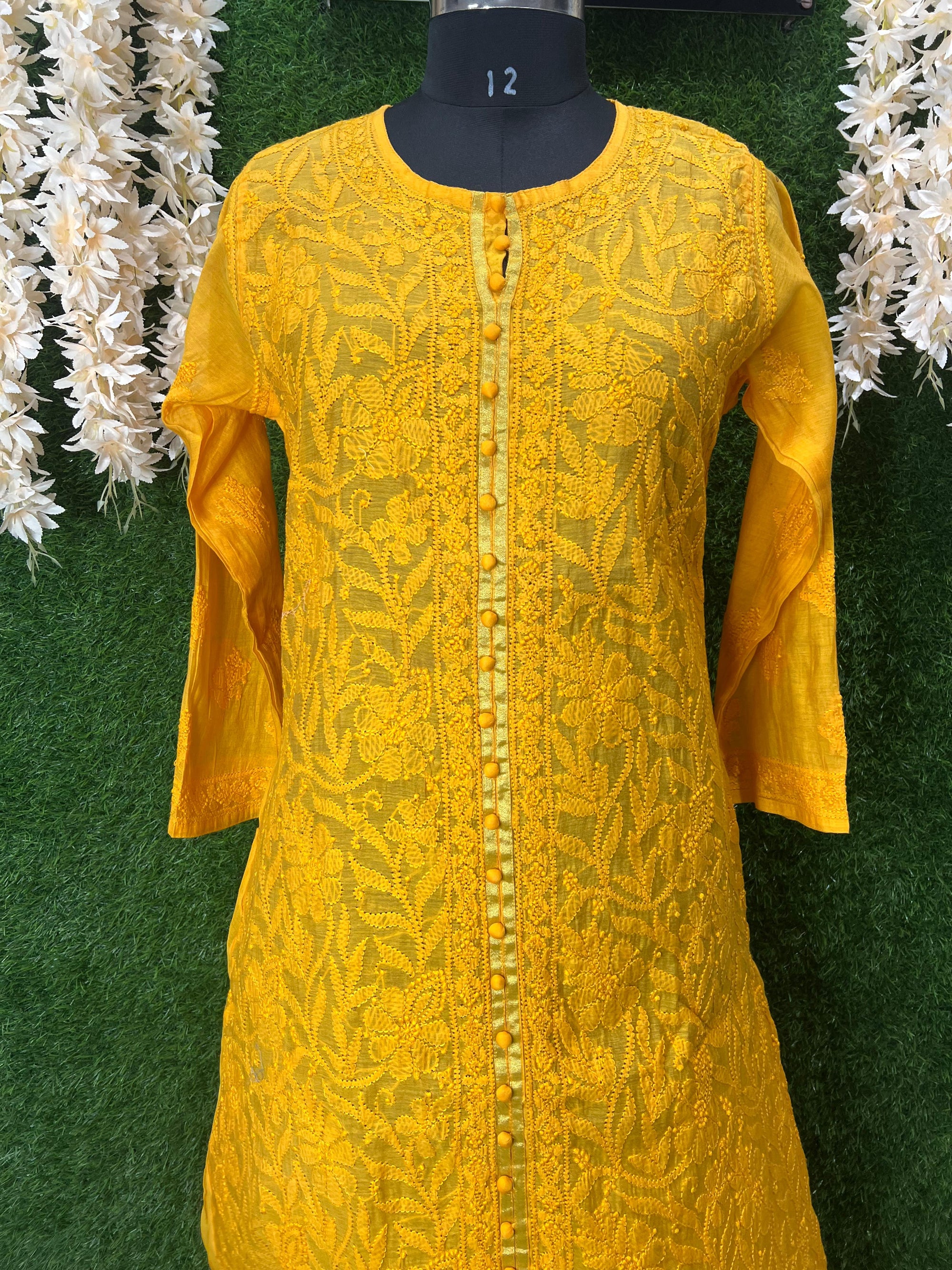 Lucknowi Chikankari Chanderi Long Kurti with Full Embroidery