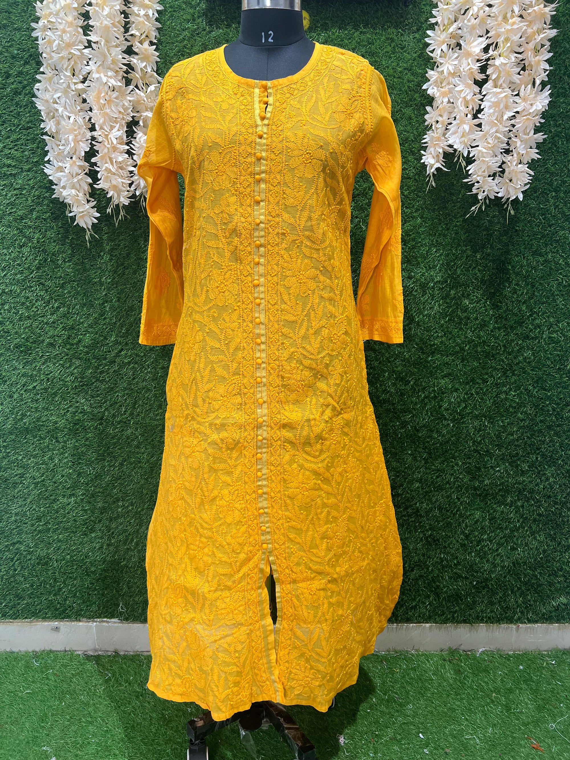 Lucknowi Chikankari Chanderi Long Kurti with Full Embroidery