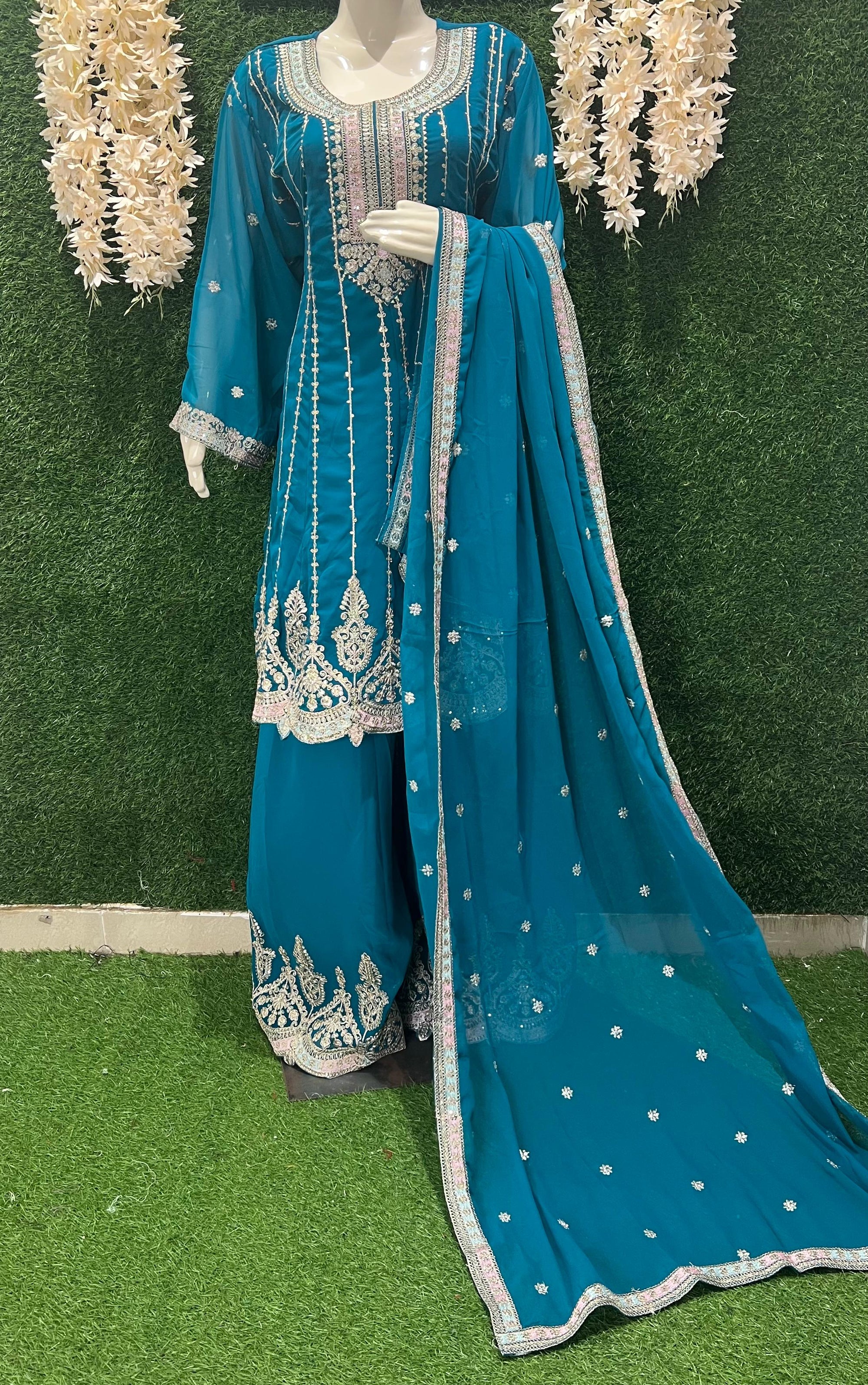 Vibrant Teal Embroidered Sharara Set – Elegant Festive & Party Wear