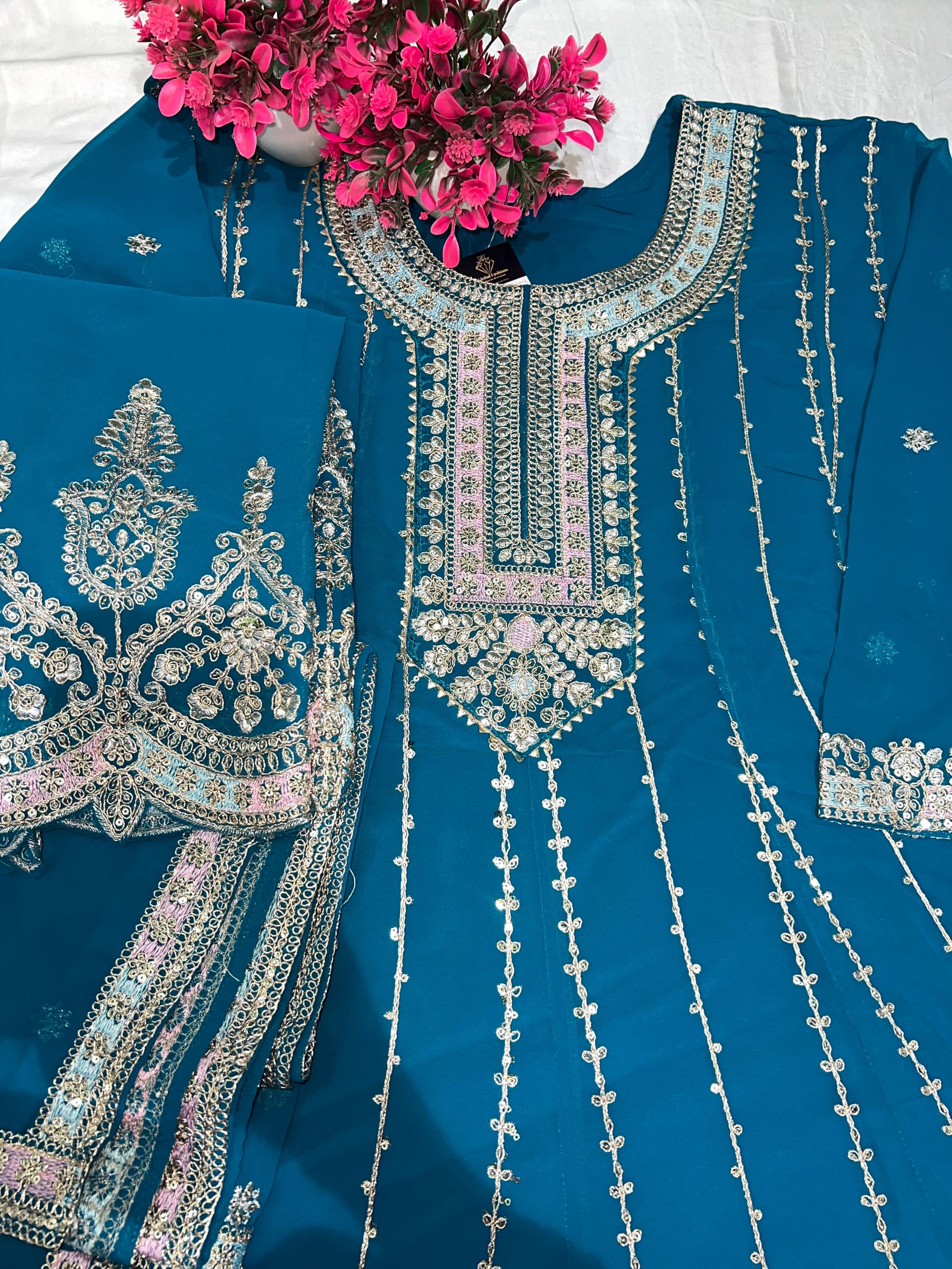 Vibrant Teal Embroidered Sharara Set – Elegant Festive & Party Wear