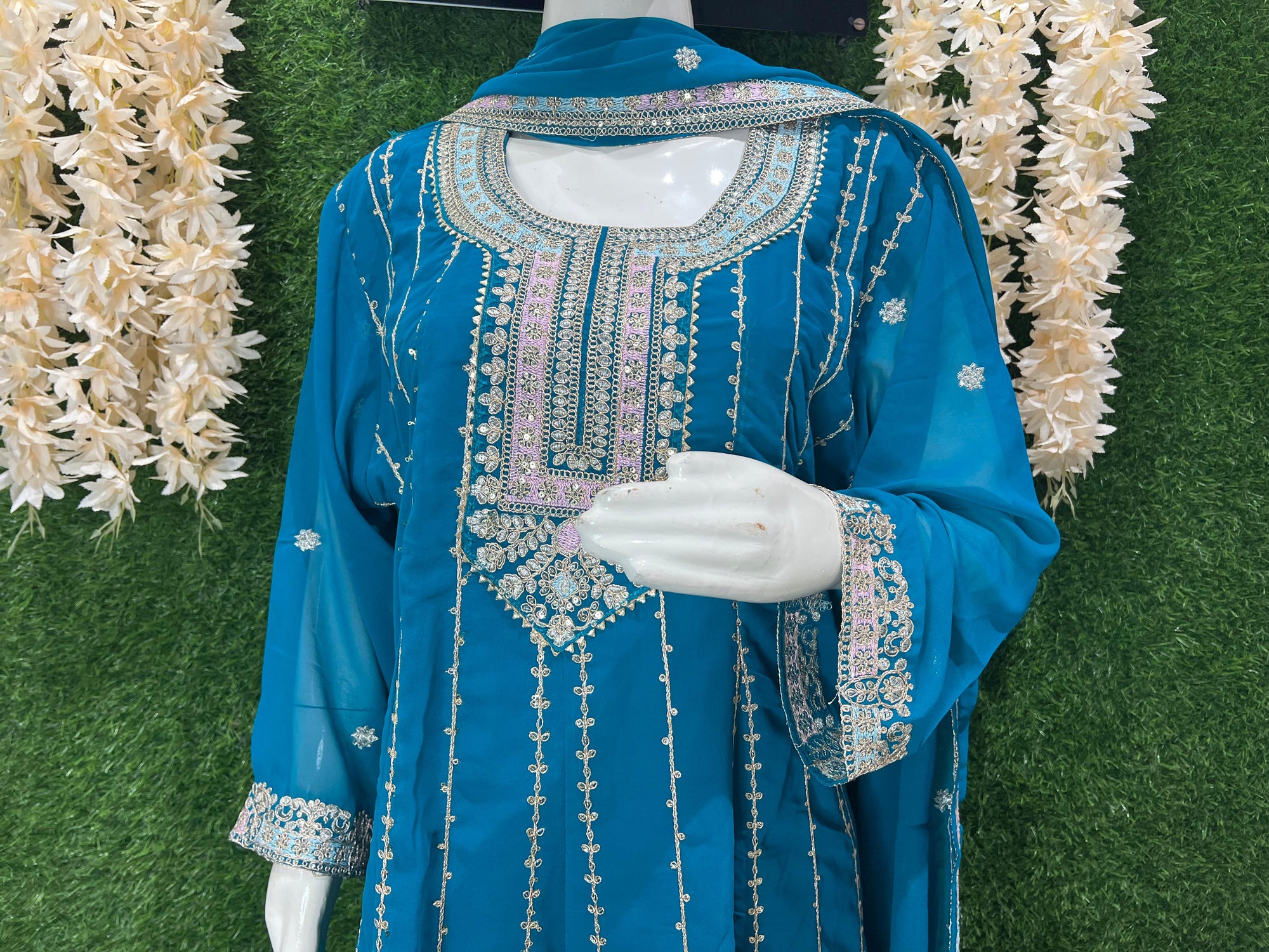 Vibrant Teal Embroidered Sharara Set – Elegant Festive & Party Wear