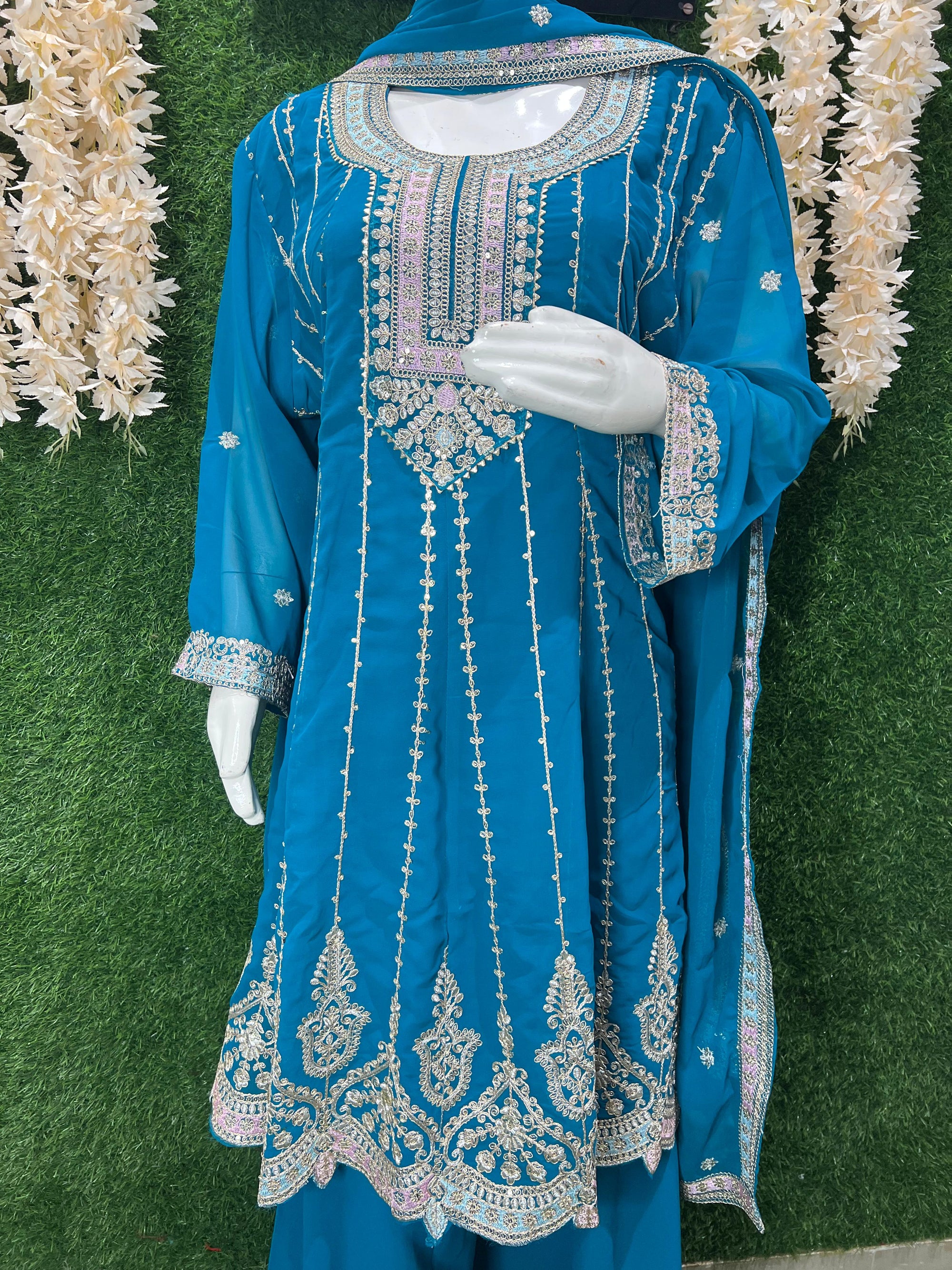 Vibrant Teal Embroidered Sharara Set – Elegant Festive & Party Wear