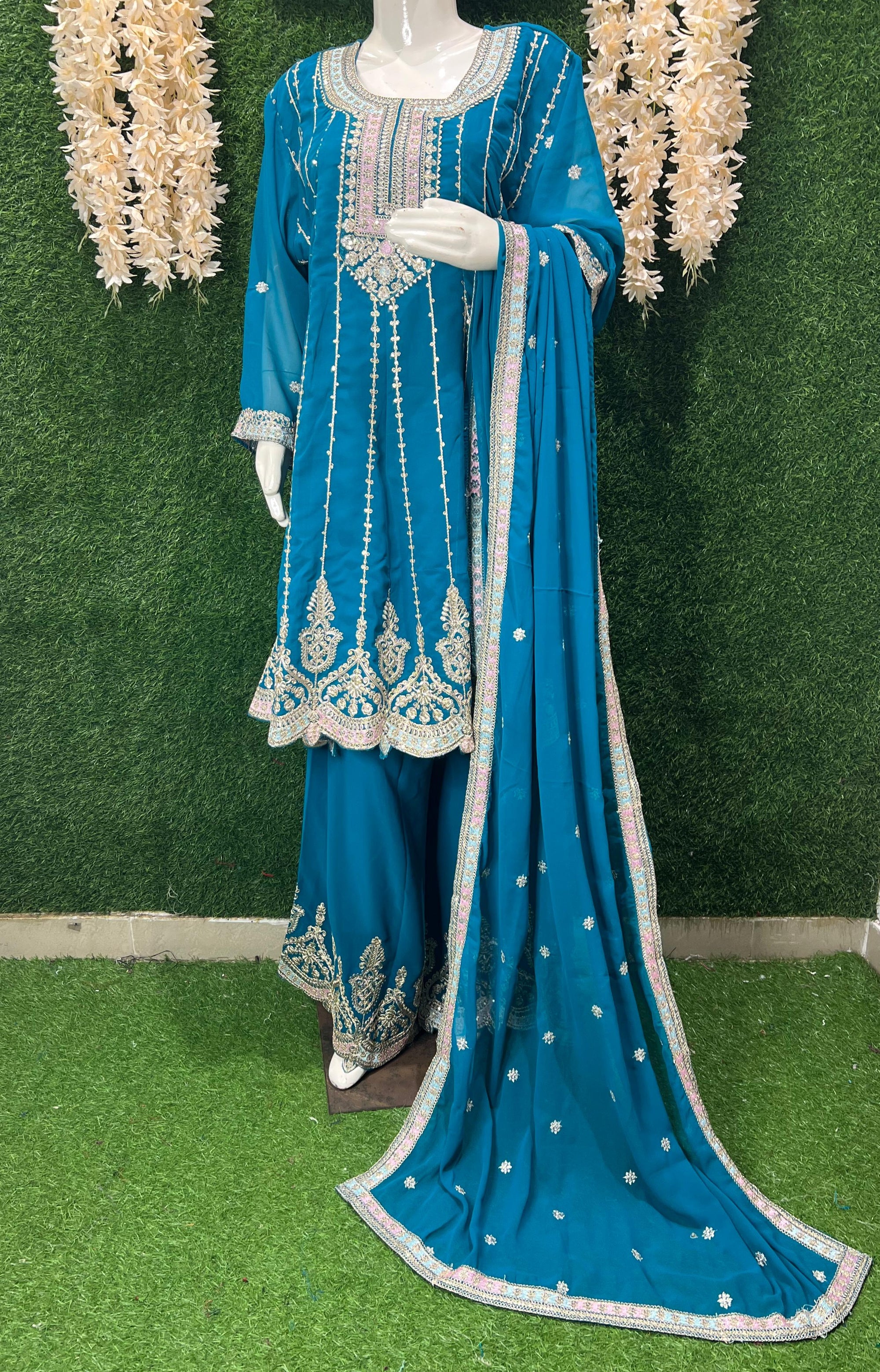 Vibrant Teal Embroidered Sharara Set – Elegant Festive & Party Wear