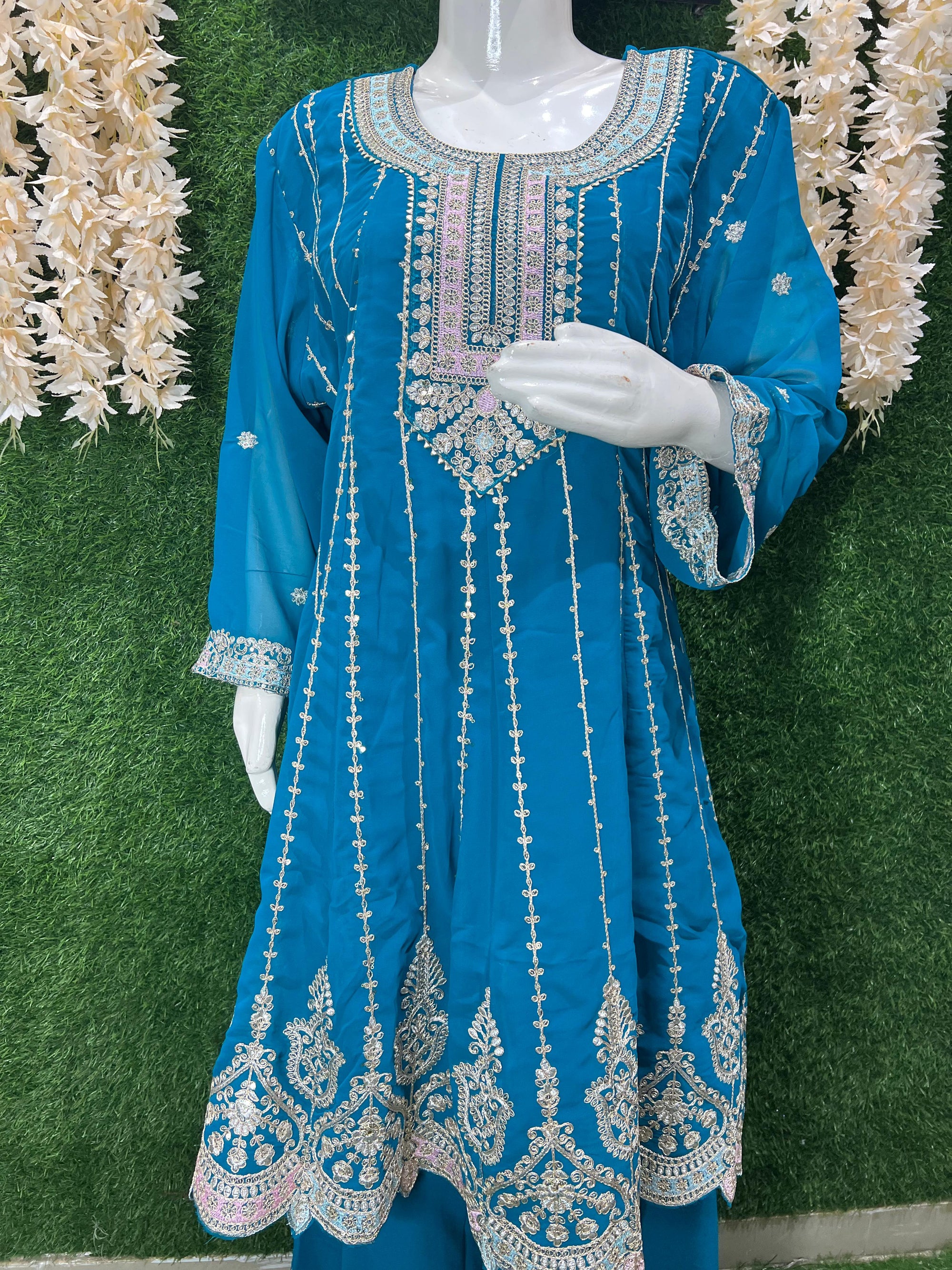 Vibrant Teal Embroidered Sharara Set – Elegant Festive & Party Wear