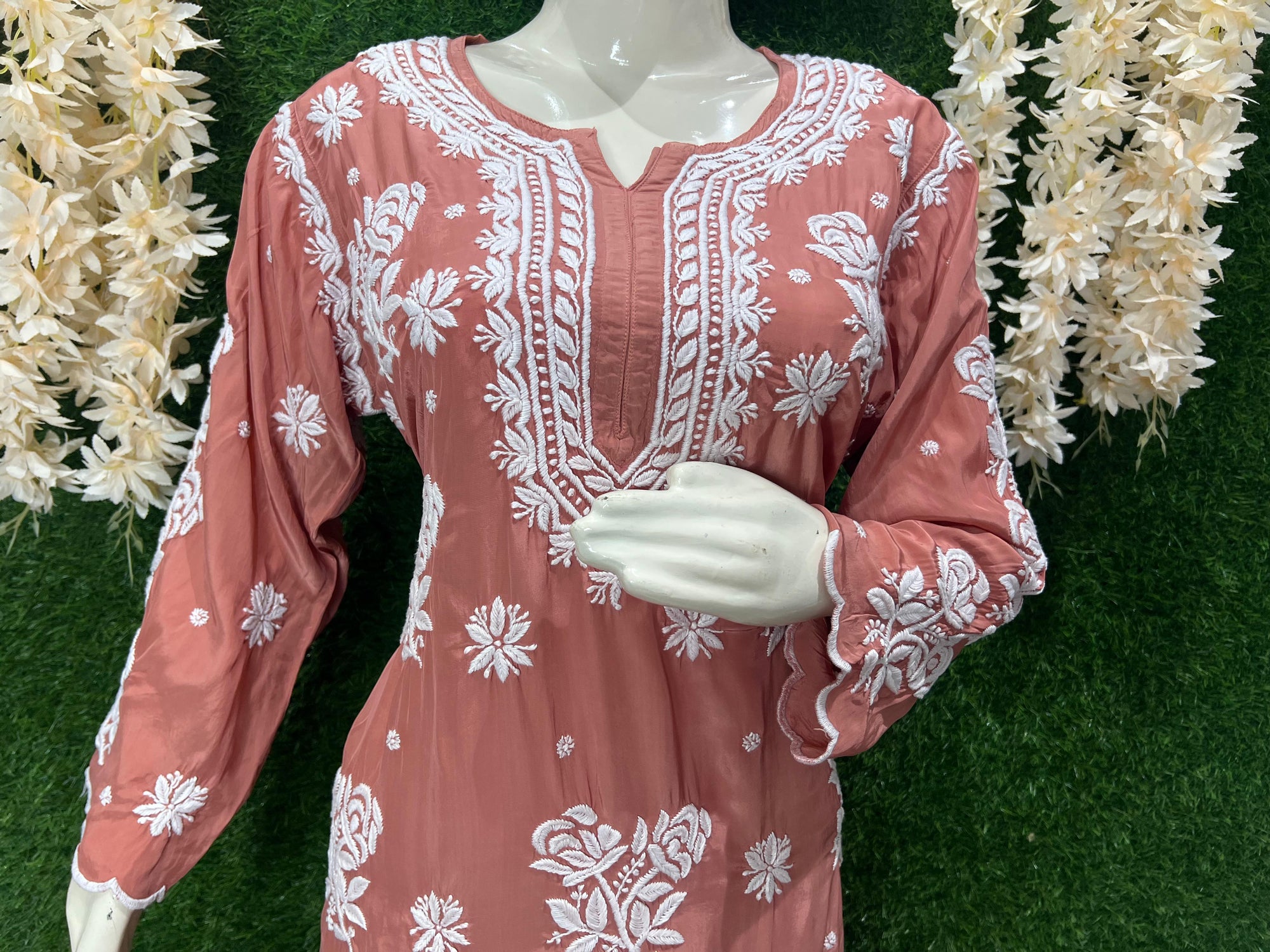Stylish Crepe Lucknowi Chikankari Kurta Set with Scalloped Border