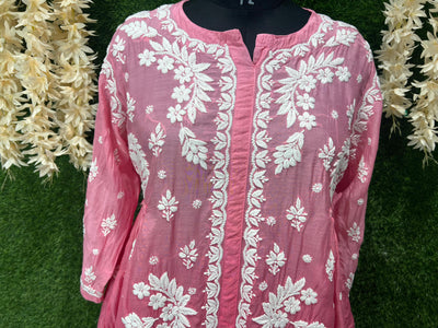 Lucknowi Chikankari Ombre Muslin Short Top with 3D Chikankari