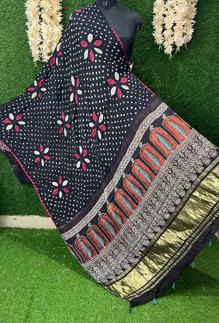 Bandhani with Hand Block Ajrakh (vegetable dye) Gajji Silk Dupatta
