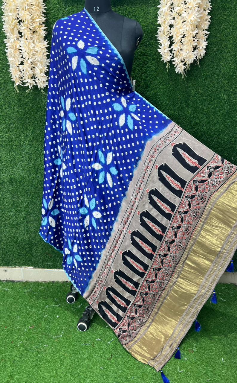 Bandhani with Hand Block Ajrakh (vegetable dye) Gajji Silk Dupatta
