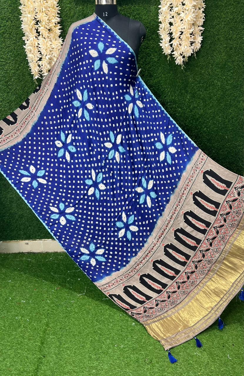 Bandhani with Hand Block Ajrakh (vegetable dye) Gajji Silk Dupatta