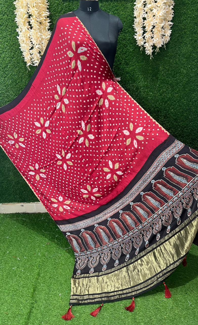 Bandhani with Hand Block Ajrakh (vegetable dye) Gajji Silk Dupatta