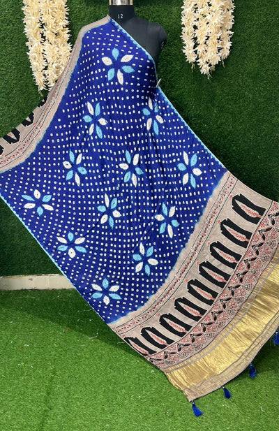 Bandhani with Hand Block Ajrakh (vegetable dye) Gajji Silk Dupatta