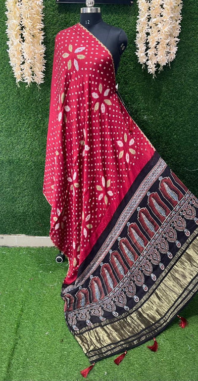 Bandhani with Hand Block Ajrakh (vegetable dye) Gajji Silk Dupatta