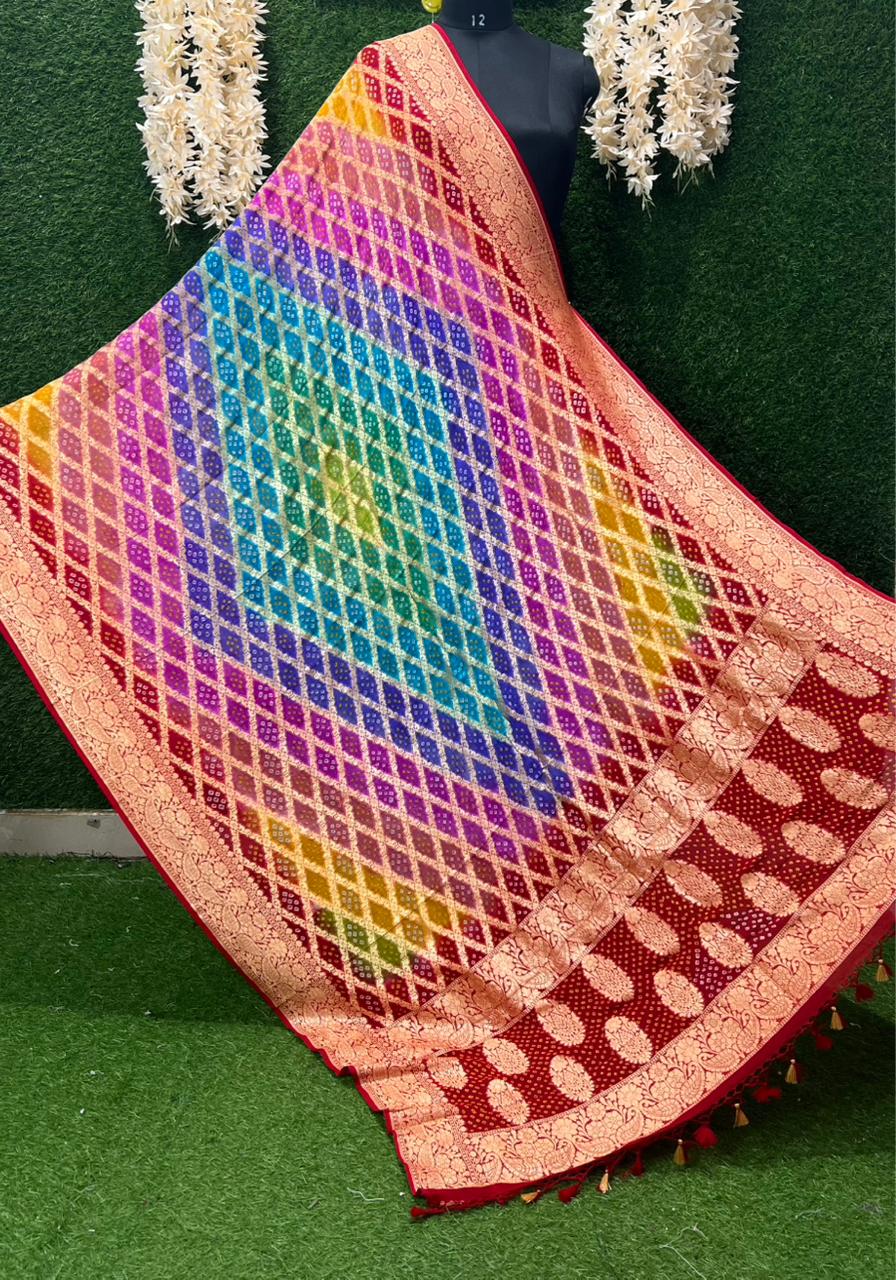 Multi Pure Georgette Banarasi Bandhej Handloom Dupatta