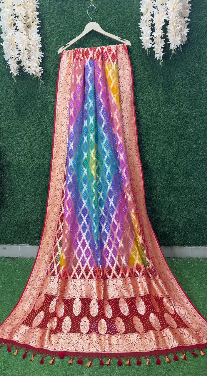 Multi Pure Georgette Banarasi Bandhej Handloom Dupatta