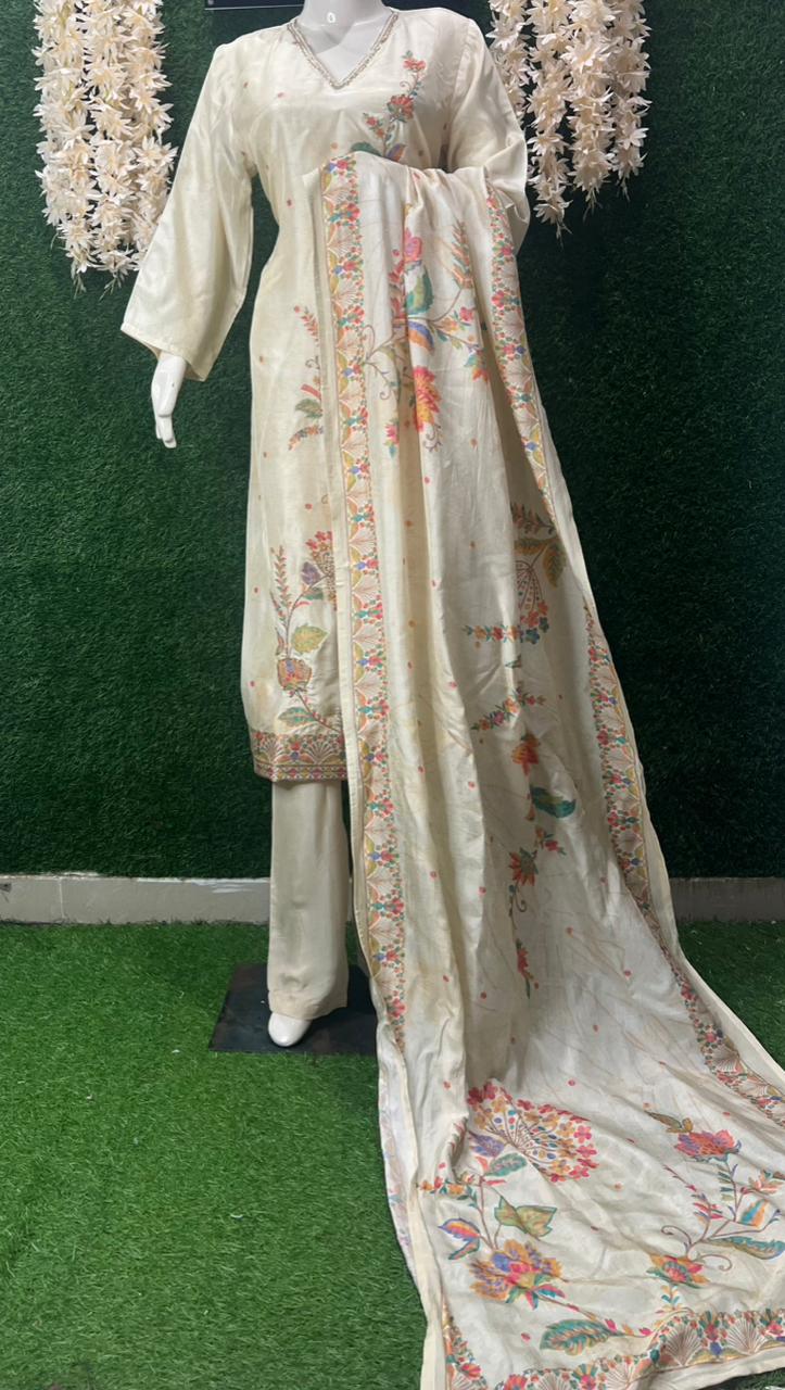 Banarsi weaved & digital floral print with subtle cutdana work all over