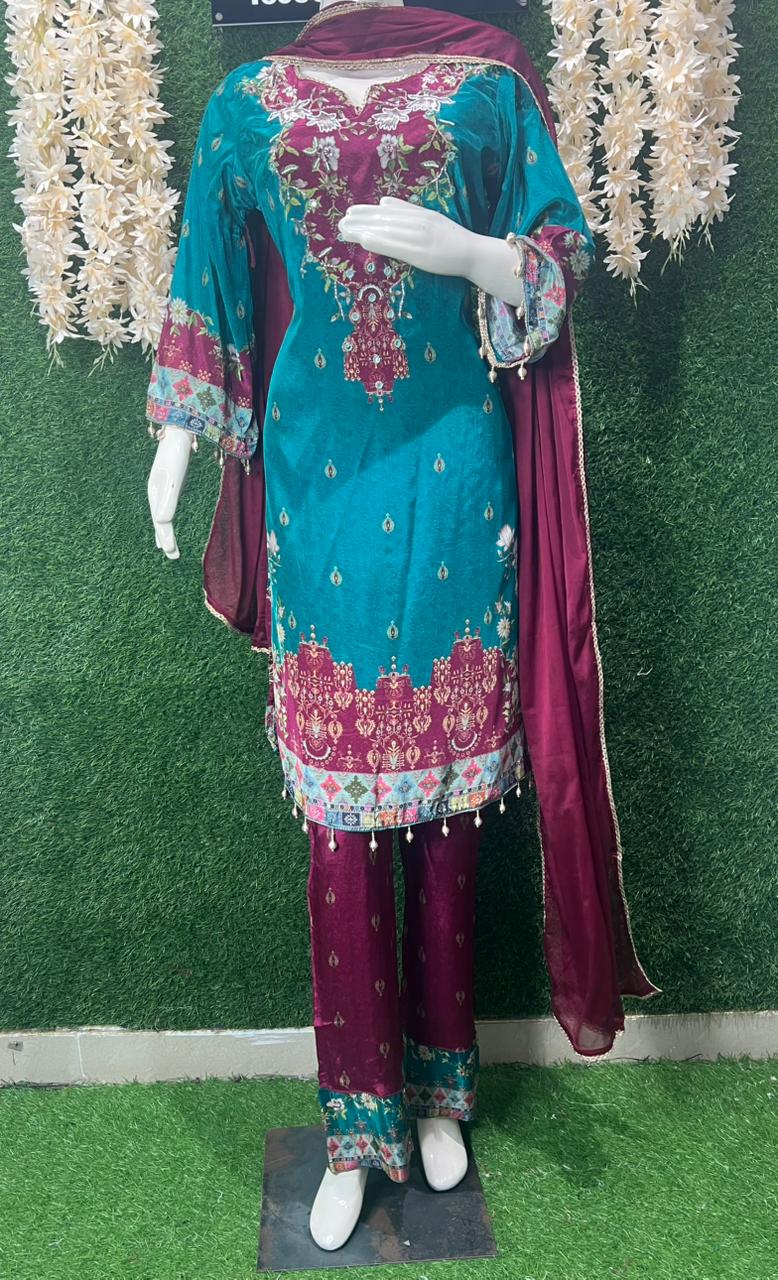 Embroidered Suit Set with Cutdana & Pearl Work