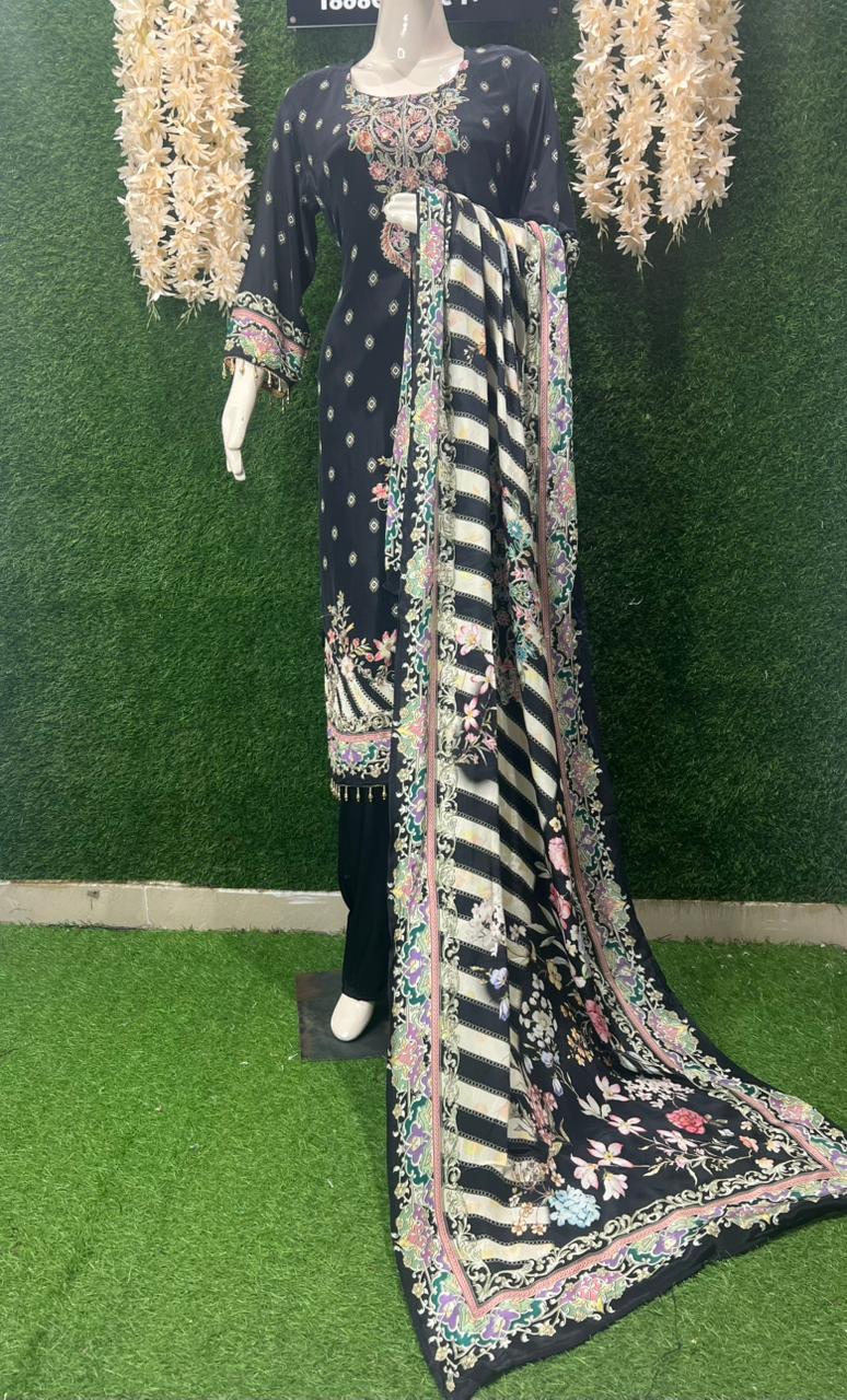 Crepe Printed Suit Set with Handcrafted Detailing & Chinnon Dupatta