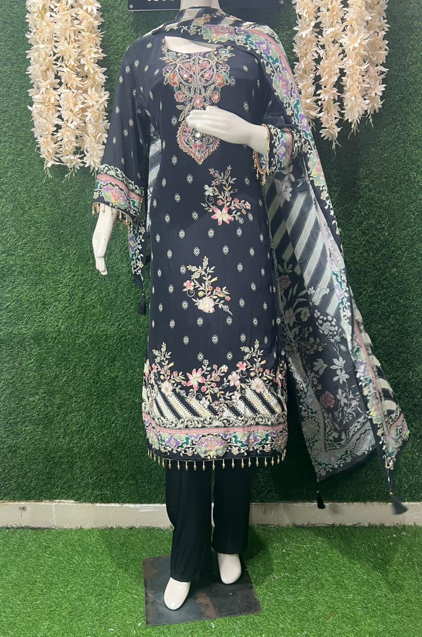 Crepe Printed Suit Set with Handcrafted Detailing & Chinnon Dupatta