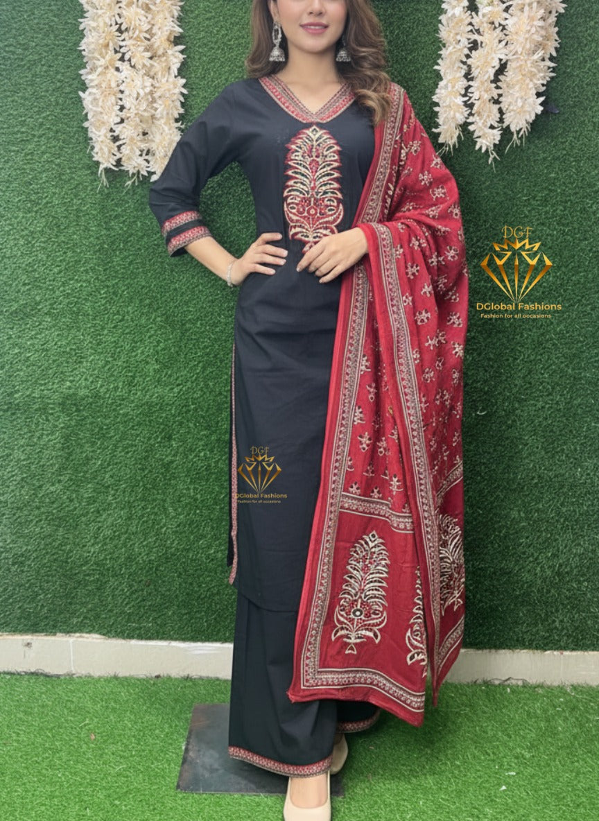 Cotton Suit Set with Ajrakh Print Dupatta