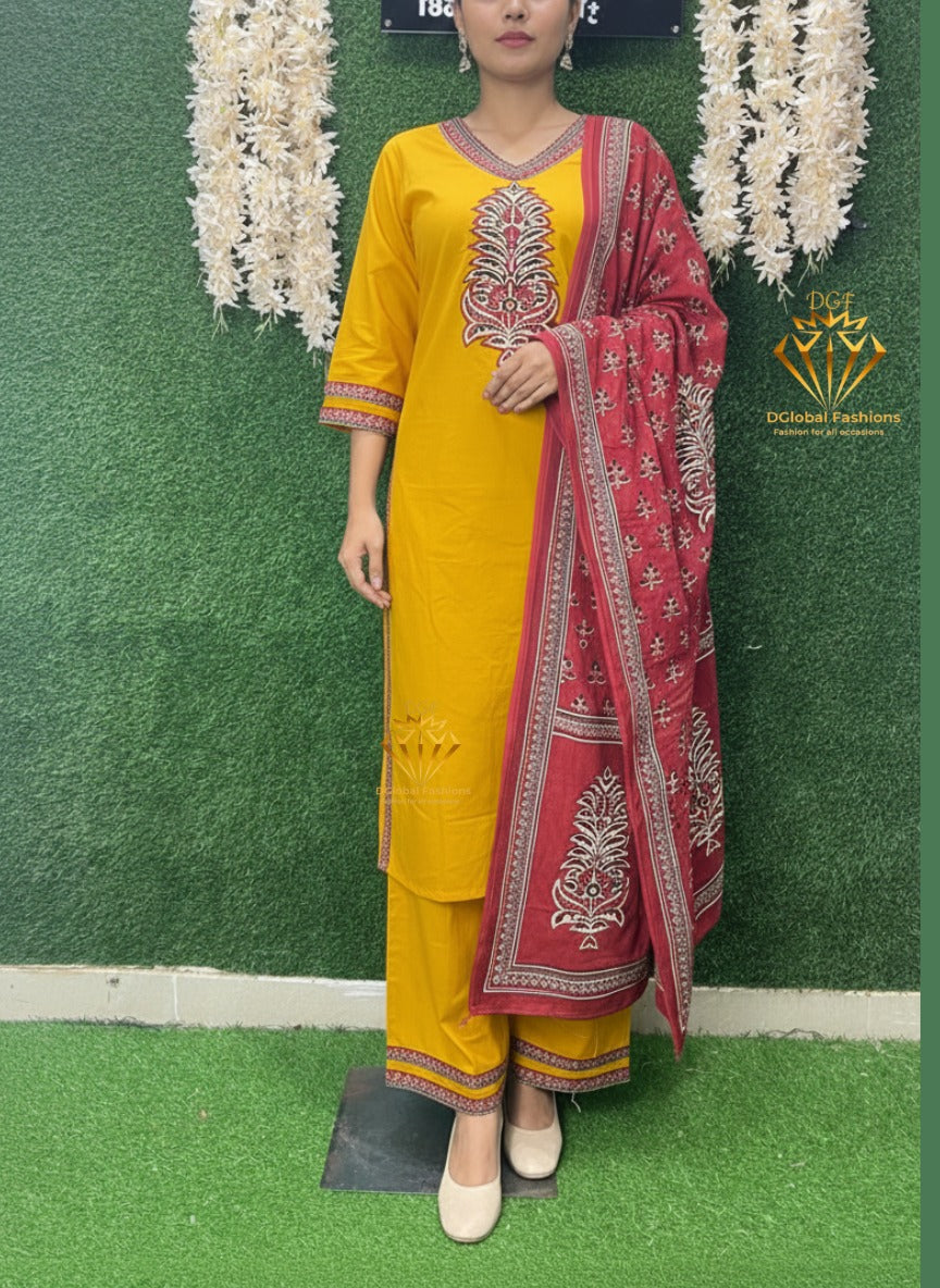 Cotton Suit Set with Ajrakh Print Dupatta