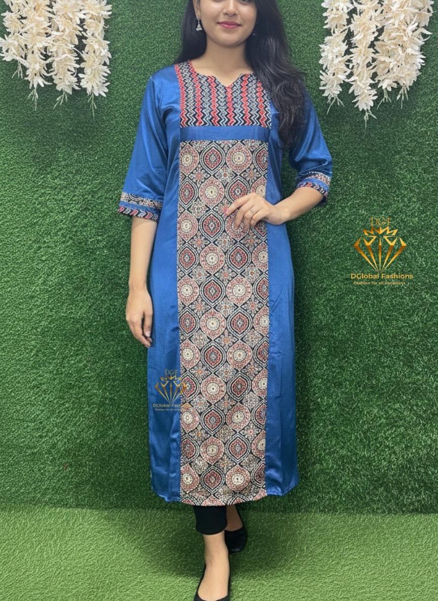 Mashru Silk Ajrakh Hand-Block Printed Kurti with Elegant Mirror Detailing