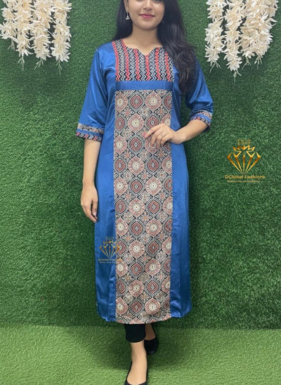 Mashru Silk Ajrakh Hand-Block Printed Kurti with Elegant Mirror Detailing