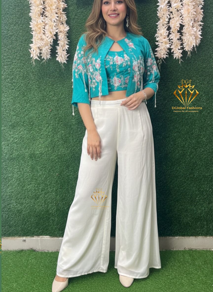 Embroidered Jacket Co-ord Set with Cutdana & Pearl Handwork – Palazzo Style