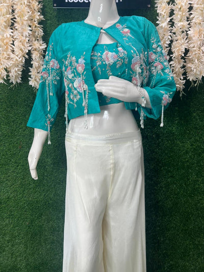 Embroidered Jacket Co-ord Set with Cutdana & Pearl Handwork – Palazzo Style