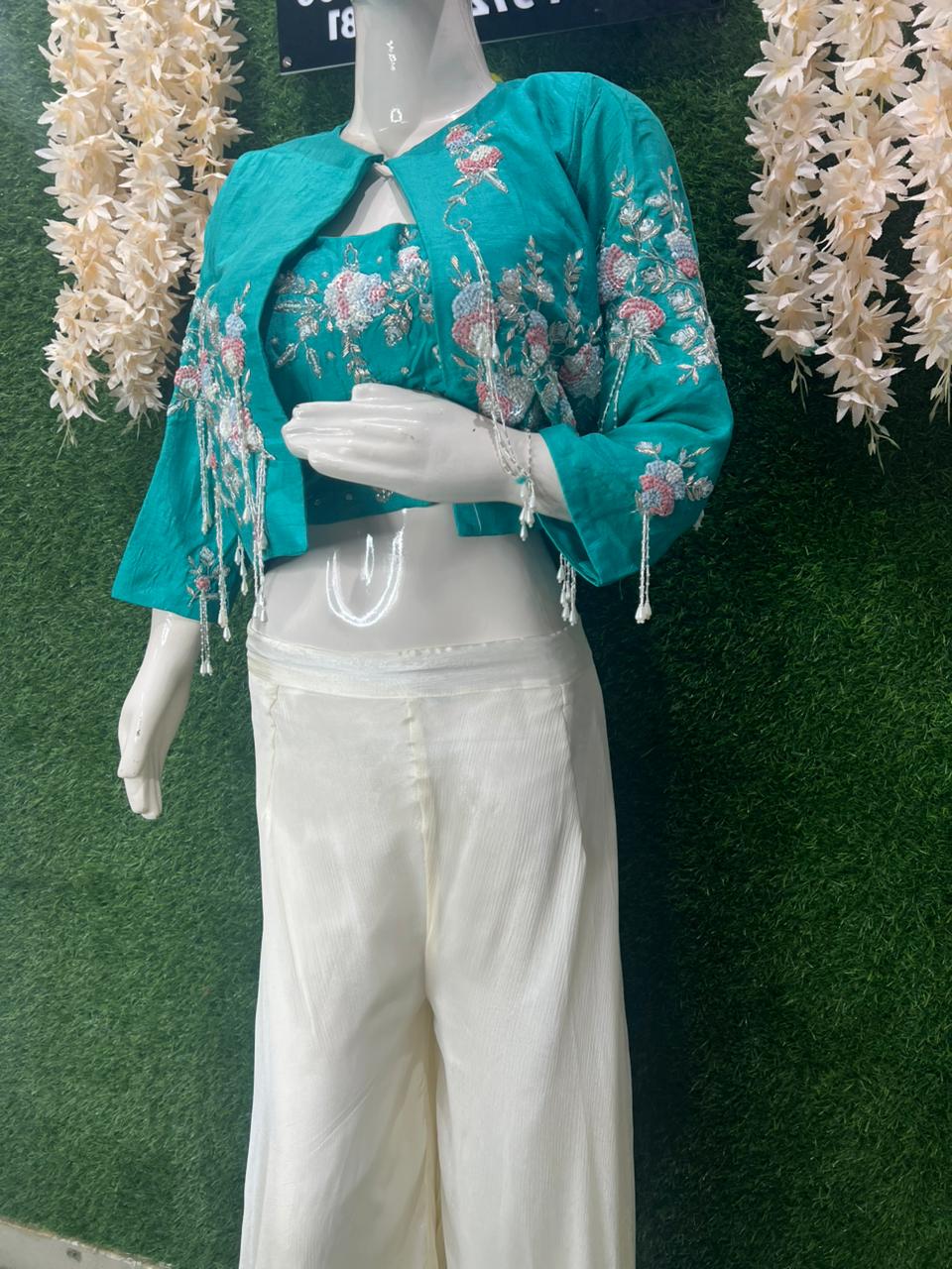 Embroidered Jacket Co-ord Set with Cutdana & Pearl Handwork – Palazzo Style