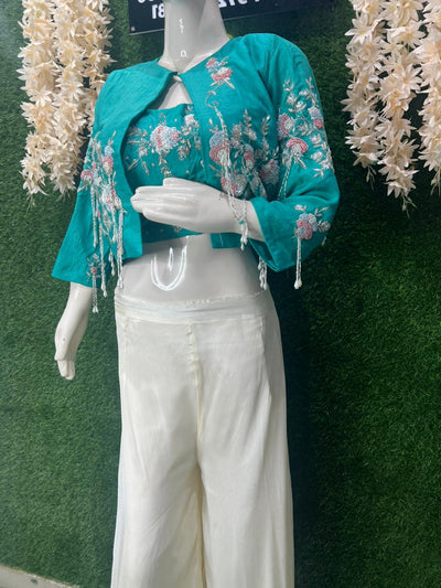 Embroidered Jacket Co-ord Set with Cutdana & Pearl Handwork – Palazzo Style