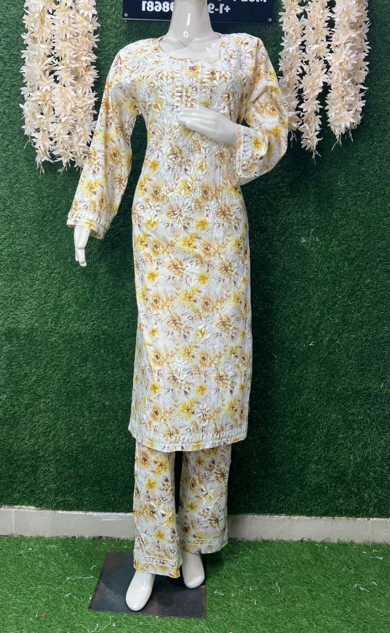 Mul Cotton Printed Lucknowi Chikankari Embroidered Co-Ord Set