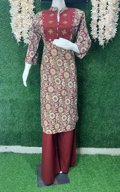 Handblock Kalamkari Cotton Co-ord Set with Mirror Work Detailing