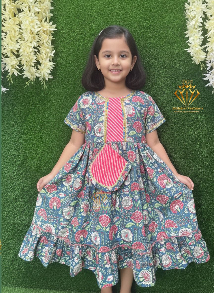 Girls Floral Printed Cotton Frock with Contrast Yoke