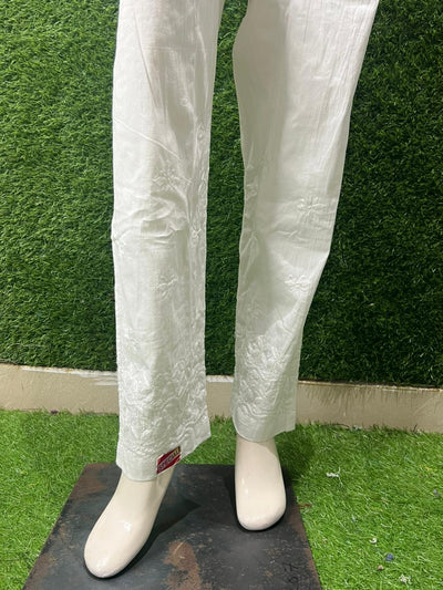 Lucknowi Chikankari Handwork Pants in Cotton & Stretchable Lycra Fabric