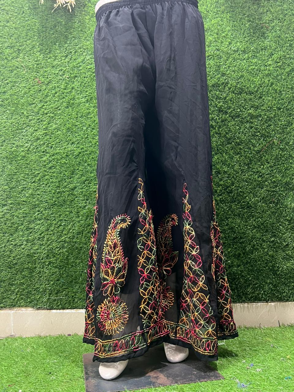 Lucknow Chikankari Black Georgette Sharara with Lining – Hand Embroidered