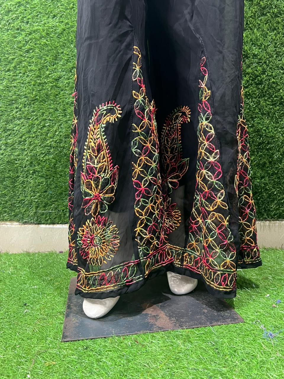 Lucknow Chikankari Black Georgette Sharara with Lining – Hand Embroidered