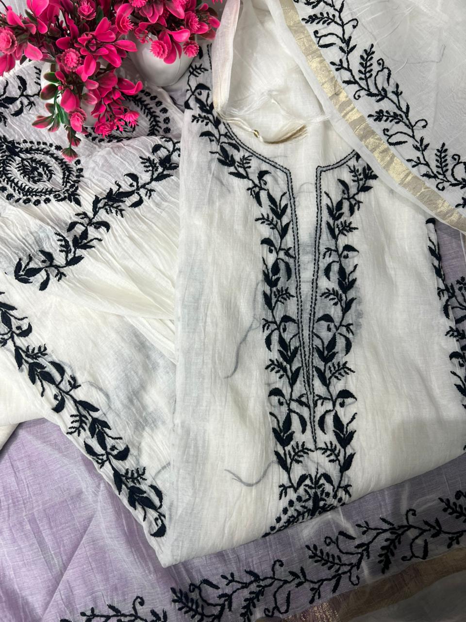 Lucknowi Chikankari Mul Chanderi Unstitched Suit with Kurta & Dupatta