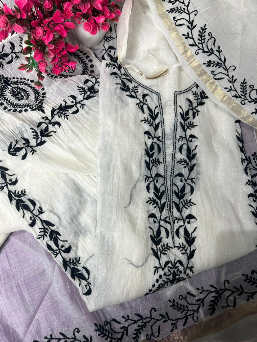 Lucknowi Chikankari Mul Chanderi Unstitched Suit with Kurta & Dupatta