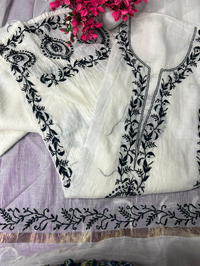 Lucknowi Chikankari Mul Chanderi Unstitched Suit with Kurta & Dupatta
