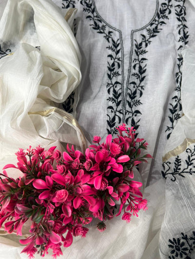 Lucknowi Chikankari Mul Chanderi Unstitched Suit with Kurta & Dupatta