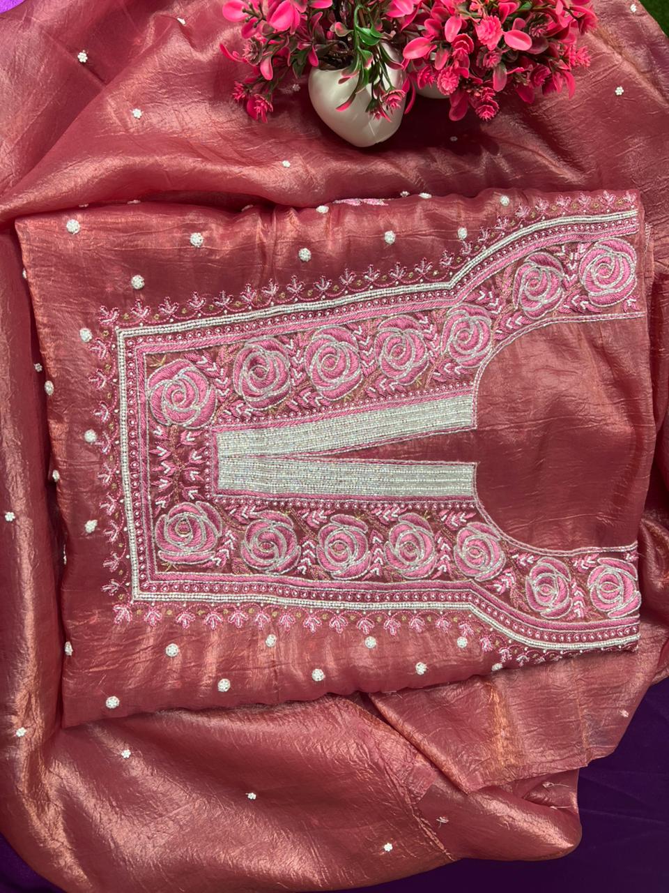 Moonga Silk Chikankari Pearl and Cutdana Work Kurta and Dupatta