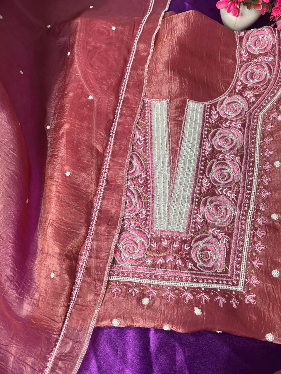 Moonga Silk Chikankari Pearl and Cutdana Work Kurta and Dupatta