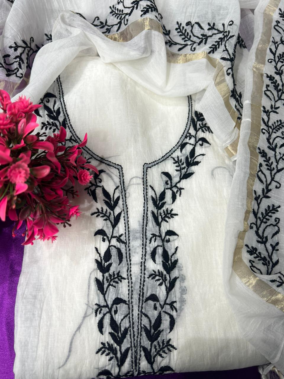 Lucknowi Chikankari Mul Chanderi Unstitched Suit with Kurta & Dupatta