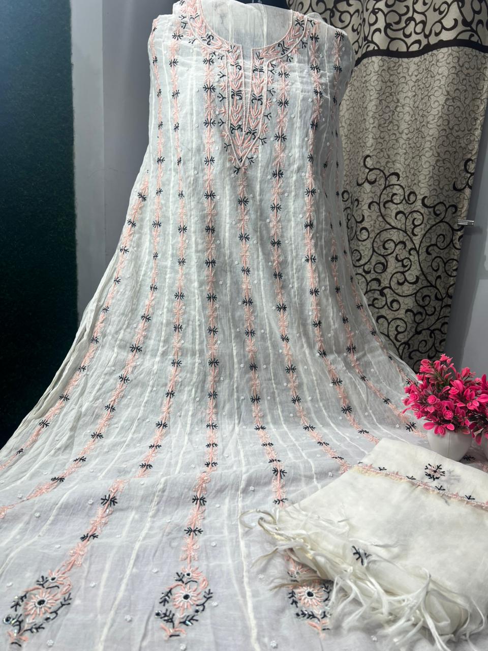 Lucknowi Chikankari Mul Chanderi Anarkali Suit with Pearl & Cutdana Handwork (2-Piece Set)